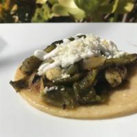 Rajas Con Queso Taco · Sliced fresh pasilla peppers sautéed with oaxaca and queso fresco cheeses, and additional sp...