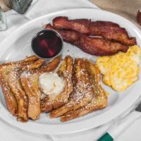 Donnie D Breakfast · Four halves of French toast, one egg any style, and two pieces of bacon or one sausage patty.