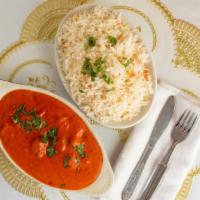 Chicken Tikka Masala · Boneless chicken broiled in the tandoor, then cooked in a rich tomato, onion and butter sauce.