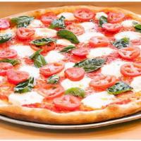 Caprese Pizza · All natural fresh buffalo mozzarella cheese, Santa Cruz Roma tomato, farm fresh basil, aroma...