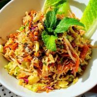 Chinese Chicken Salad · Shredded chicken breast, carrots, green onions, sesame seeds, roasted cashew nuts, shredded ...