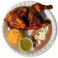 1/2 Pollo Asado Plate · Freshly roasted 1/2 Chicken Plate with rice, beans, (3) tortillas, green or red salsa, and l...