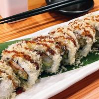 Crunch Roll · Shrimp tempura and imitation crab topped with tempura flakes and sweet sauce