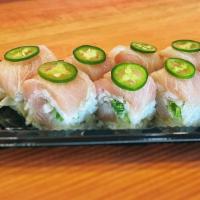 Kagoshima Roll · Yellowtail, green onions, cucumber topped with yellowtail, thin slice serrano, and ponzu sauce