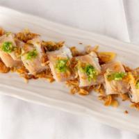 Killer Roll · Spicy tuna and cucumber topped with albacore, crispy shallot and spicy ponzu sauce.