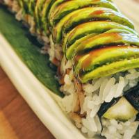 Caterpillar Roll · Fresh water eel and cucumber topped with avocado and sweet sauce.