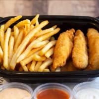 Chicken Tenders · Crispy Chicken Tenders served with fries. Choice of 2 dipping sauces.
