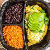 The Veggie Omelette · Three eggs, mushrooms, zucchini, onions, colorful bell peppers, spinach, avocado, choose any...