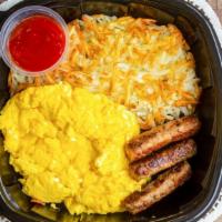 Sausage & Eggs Plate · Two eggs any style, three sausages, choice of breakfast side, tortillas.