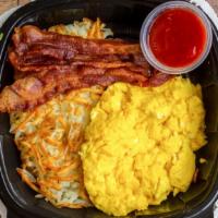 Bacon & Eggs Plate · Two eggs any style, three slices of bacon, choice of breakfast side, tortillas.