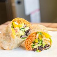 Garden Burrito · Grilled zucchini, colorful bell peppers, mushrooms, onions, spinach, avocado, rice, black be...