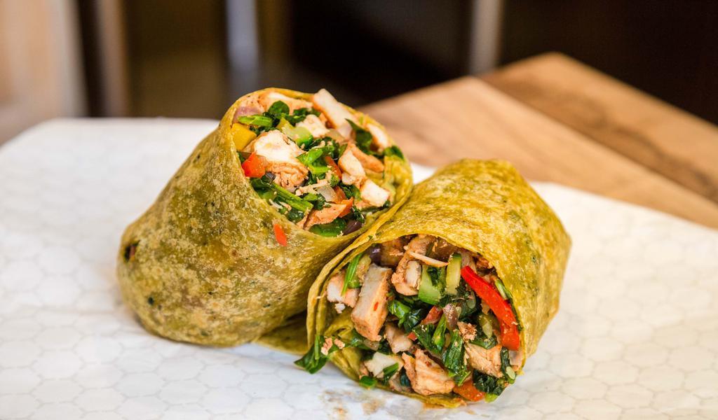 The Napoleon Burrito · Grilled chicken breast with grilled onions, colorful bell peppers, mushrooms, zucchini, spinach, wrapped in a spinach tortilla.