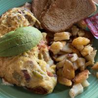 California Omelette Breakfast · A 3 egg omelette that includes tomato, Ortega chile, onions, Jack cheese and avocado.