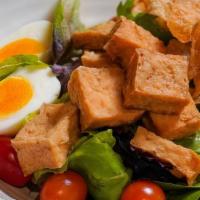 Tofu Salad · Deep Fried Firm Tofu, Boiled Egg, Mixed Greens Salad, Grape Tomatoes, Persian Cucumber, Carr...