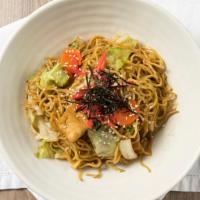 Yakisoba · Japanese home style stir-fried soba noodles with carrots, cabbage, white onions, green onion...