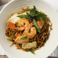 Jungle Noodles · Soba noodles, bold brown sauce, garlic, Thai chilies, chicken, shrimp, red bell peppers, mus...