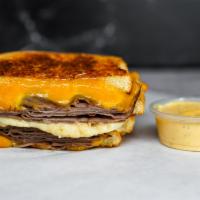 Roast Beef & Cheese Melt · Roast Beef, Cheddar, Swiss, and Parmesan cheeses melted between buttery, toasted sourdough b...