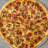 Everything Must Go Pizza · Fresh mushrooms, green peppers, red onions, pepperoni, and fresh mozzarella baked on a hand-...