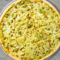Pesto For Peace Pizza · Fresh pesto, chicken, mozzarella cheese, and parmesan baked on a hand-tossed dough