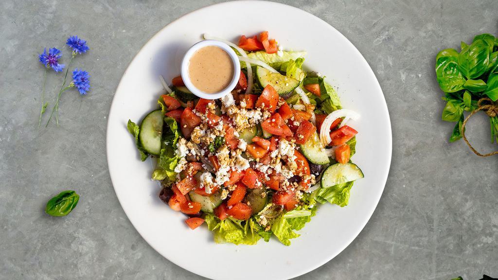 Greater Garden Salad · (Vegetarian) Romaine lettuce, salami, black olives, pepperoncinis, cherry tomatoes, cucumbers, and onions tossed with ranch dressing.