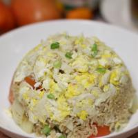 Crab Fried Rice · Fried rice with egg, crab meat, tomato, onion and green onion.