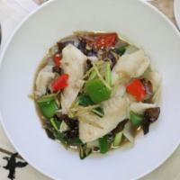 Ginger Fish Fillet · Steamed fish fillet Sautéed with fresh ginger, onion, green onion, wood ear mushroom and bel...