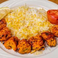Chicken Kabob Plater · Boneless pieces of chicken thigh and breast marinated in special herbs and spices, broiled o...
