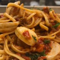 Linguini Clams With Red Sauce · Fresh clams sautéed in tomato basil sauce.