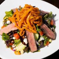Cow In The Garden · spring lettuce mix | flat iron steak | bleu cheese | diced tomato | cucumber | red onion | s...