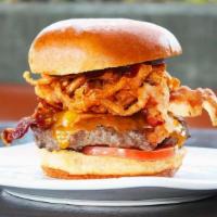 Bbq Bacon Cheeseburger · brioche bun | wagyu beef | sharp cheddar cheese | applewood smoked bacon | tomato | crispy o...