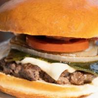 Pepper Stack · brioche bun | wagyu beef | pepper jack | roasted poblano pepper | grilled tomato | carameliz...