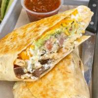 California Burrito · large flour tortilla | flat iron steak | french fries | guacamole | sharp cheddar | pico de ...