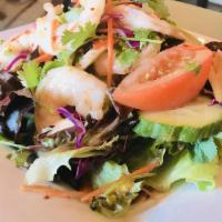 Yum Salad Shrimp · Steamed shrimp in chili paste and lime dressing with bell pepper, onion, lettuce, cilantro, ...