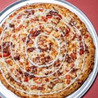 Chicken Ranch Pizza · Ranch Dressing, Chicken, tomato, Bacon & Mozzarella Cheese.