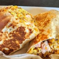 Double Meat Burrito · Twice the ham, bacon, egg, hash brown, bell pepper, onion & choice of cheese inside a grille...
