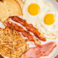 Breakfast Plate · Ham, bacon, egg, hash brown & choice of toast or English muffin.