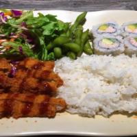 Ch Katsu & Cali Roll Bento · Chicken katsu w teriyaki sauce, 6 pcs California roll, rice, and a small side salad