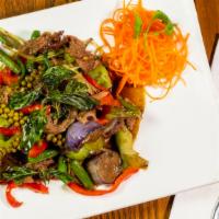 Drunken Beef · Sizzling beef with green beans, eggplant, chili, and lemongrass.