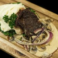 Filet Mignon Steak · 6 oz filet mignon, sautéed spinach, garlic mashed potatoes, porcini mushroom sauce. Add choi...
