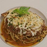 Pollo Parmigiana · Chicken breast, spaghetti, mozzarella cheese, marinara sauce. Add choice of sides and bevera...