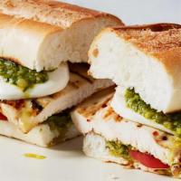 Chicken Pesto Sandwich · Chicken breast, avocado, pesto sauce, mozzarella cheese, mix green, tomato, cucumber, onion,...