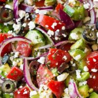 Greek Salad · Feta cheese, tomato, cucumber, onion, kalamata olives, olive oil & vinegar.