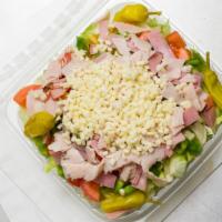 Chef Salad · Chopped romaine lettuce loaded with Mozzarella, bacon, ham, hard-boiled eggs, tomatoes and c...
