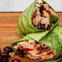 Kalamata Olive Chicken Wrap · Grilled Chicken, Tomatoes, Roasted Red Peppers, Feta Cheese, Olive Mayo Spread.
