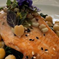 Ora King Salmon · Pea risotto, preserved lemon emulsion