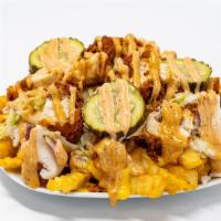Gordo Fries · Fries, melted Cheddar, Nashville chicken, slaw stupid sauce and pickles