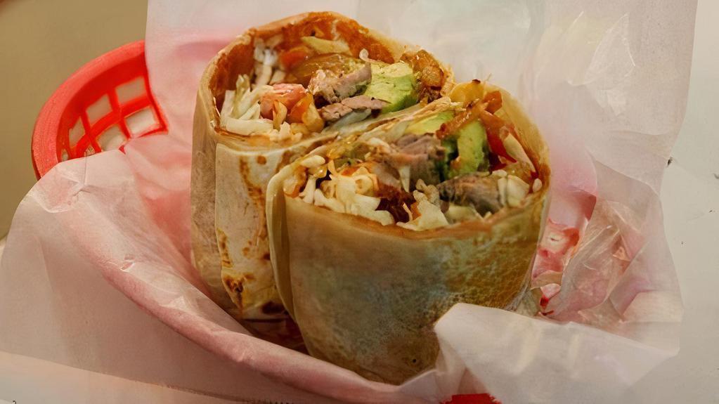 Mar Y Tierra Burrito · GRILLED SHRIMP WITH ANGUS STEAK, CHEESE, AVOCADO, CABBAGE, TOMATO, CHIPOTLE SALSA