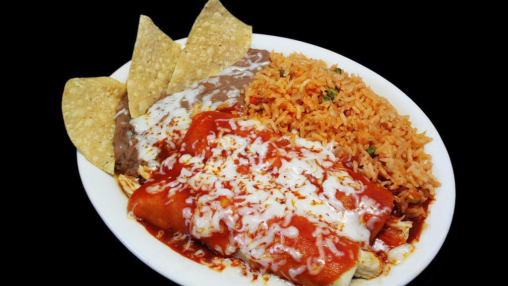 #3    Two Enchiladas. · Served with two sides of your choice.
