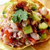 Shrimp Ceviche · Shrimp, pico de gallo, avocado, tostadas, cucumber.