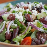 Mediterranean Salad · Gluten free. Vegan. Romaine lettuce, mix greens, cucumbers, tomatoes, red onions, garbanzo b...